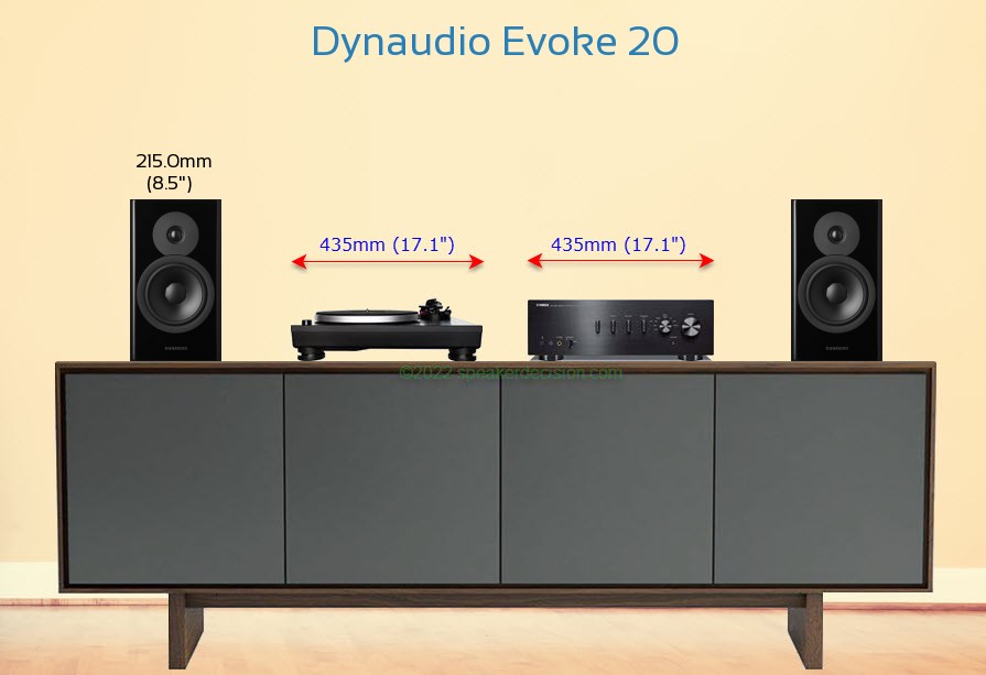 Dynaudio Evoke 20 placed next to an amplifier and turntable