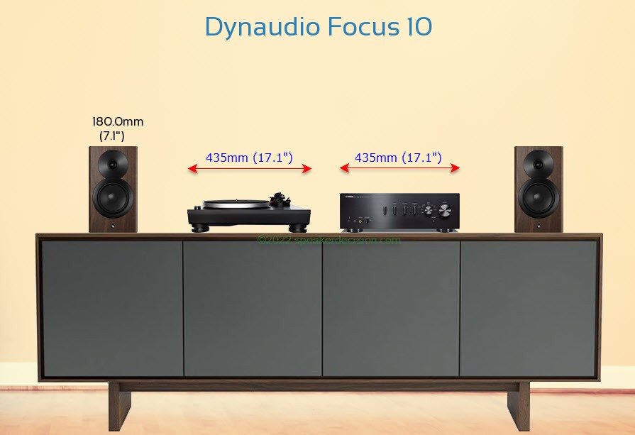 Dynaudio Focus 10 placed next to an amplifier and turntable