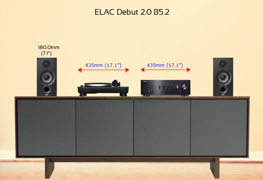 ELAC Debut 2.0 B5.2 placed next to an amplifier and turntable