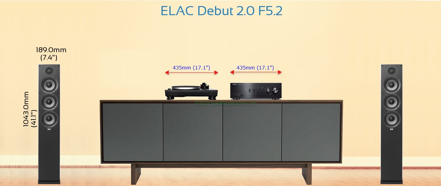 ELAC Debut 2.0 F5.2 placed next to a Media Stand