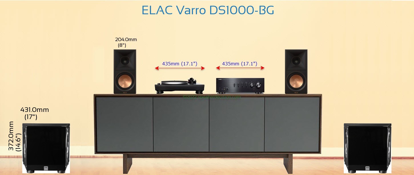 ELAC Varro DS1000-BG placed next to a Media Stand