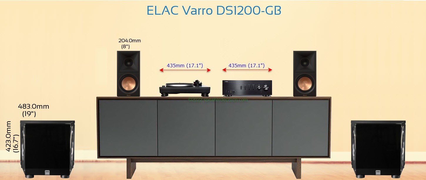 ELAC Varro DS1200-GB placed next to a Media Stand