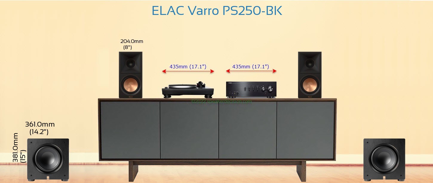 ELAC Varro PS250-BK placed next to a Media Stand