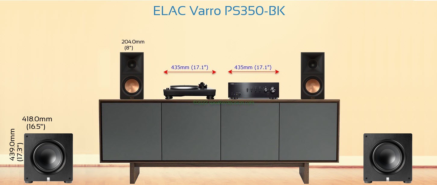 ELAC Varro PS350-BK placed next to a Media Stand