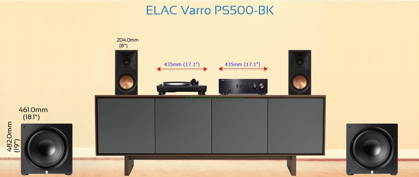 ELAC Varro PS500-BK placed next to a Media Stand