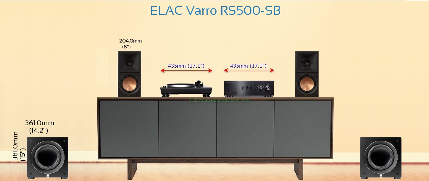 ELAC Varro RS500-SB placed next to a Media Stand