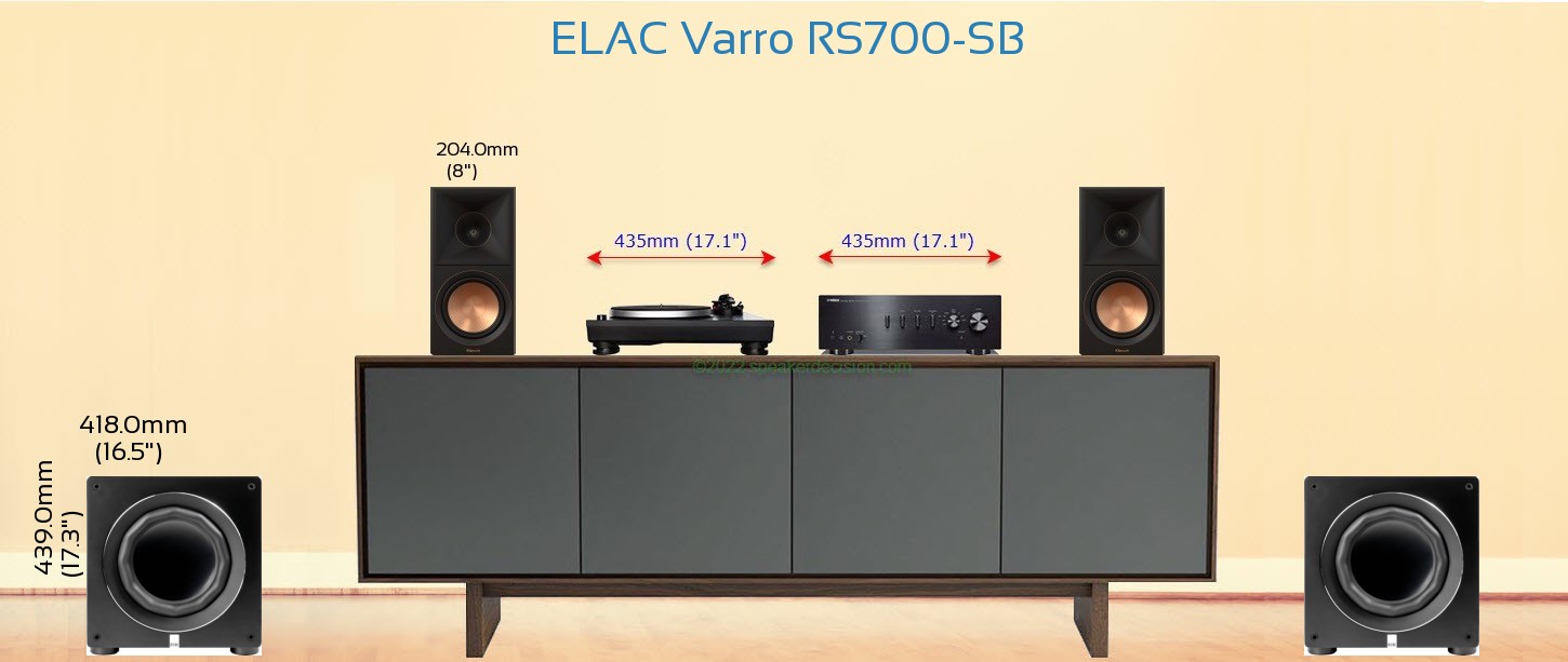 ELAC Varro RS700-SB placed next to a Media Stand