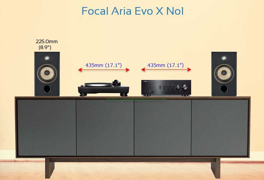 Focal Aria Evo X No1 placed next to an amplifier and turntable