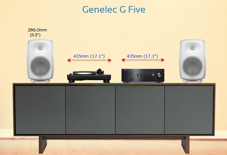Genelec G Five placed next to an amplifier and turntable