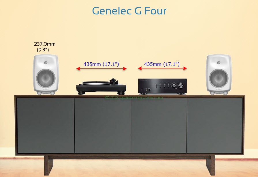 Genelec G Four placed next to an amplifier and turntable