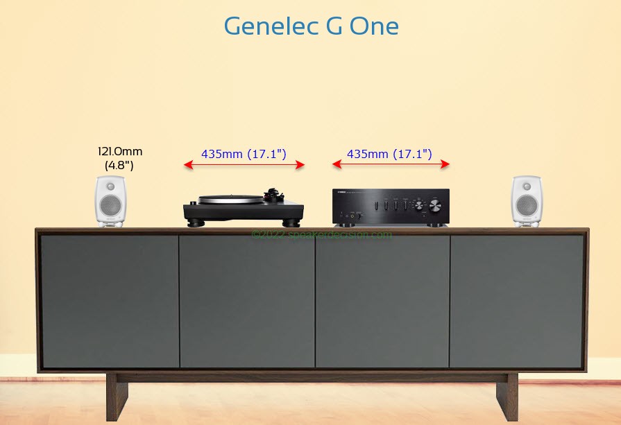Genelec G One placed next to an amplifier and turntable