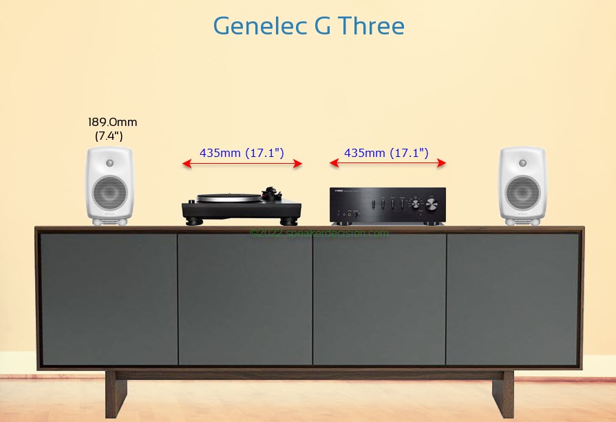 Genelec G Three placed next to an amplifier and turntable