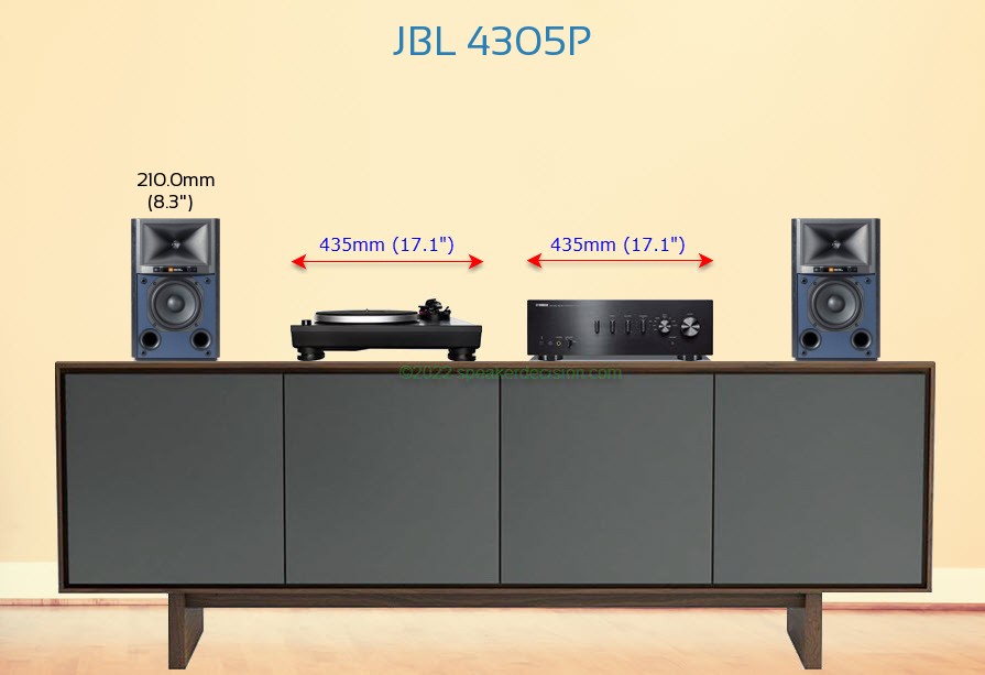 JBL 4305P placed next to an amplifier and turntable