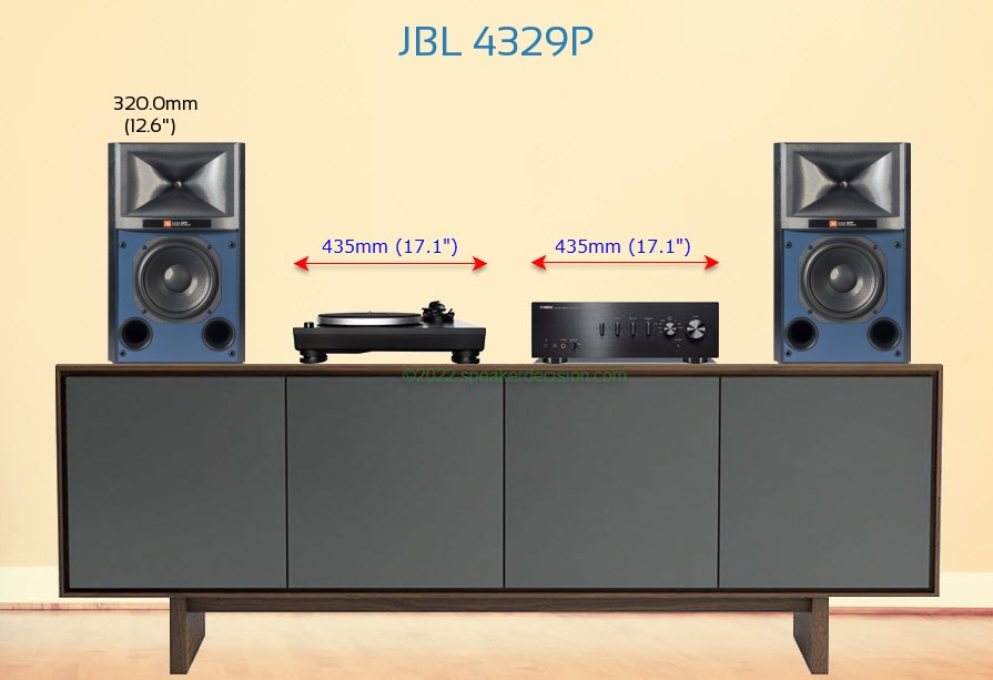 JBL 4329P placed next to an amplifier and turntable