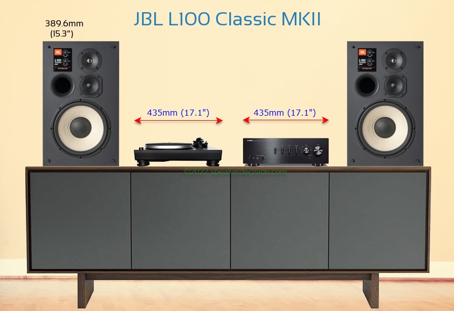JBL L100 Classic MKII placed next to an amplifier and turntable