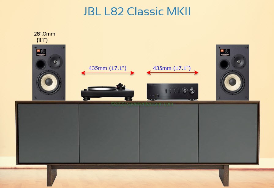 JBL L82 Classic MKII placed next to an amplifier and turntable
