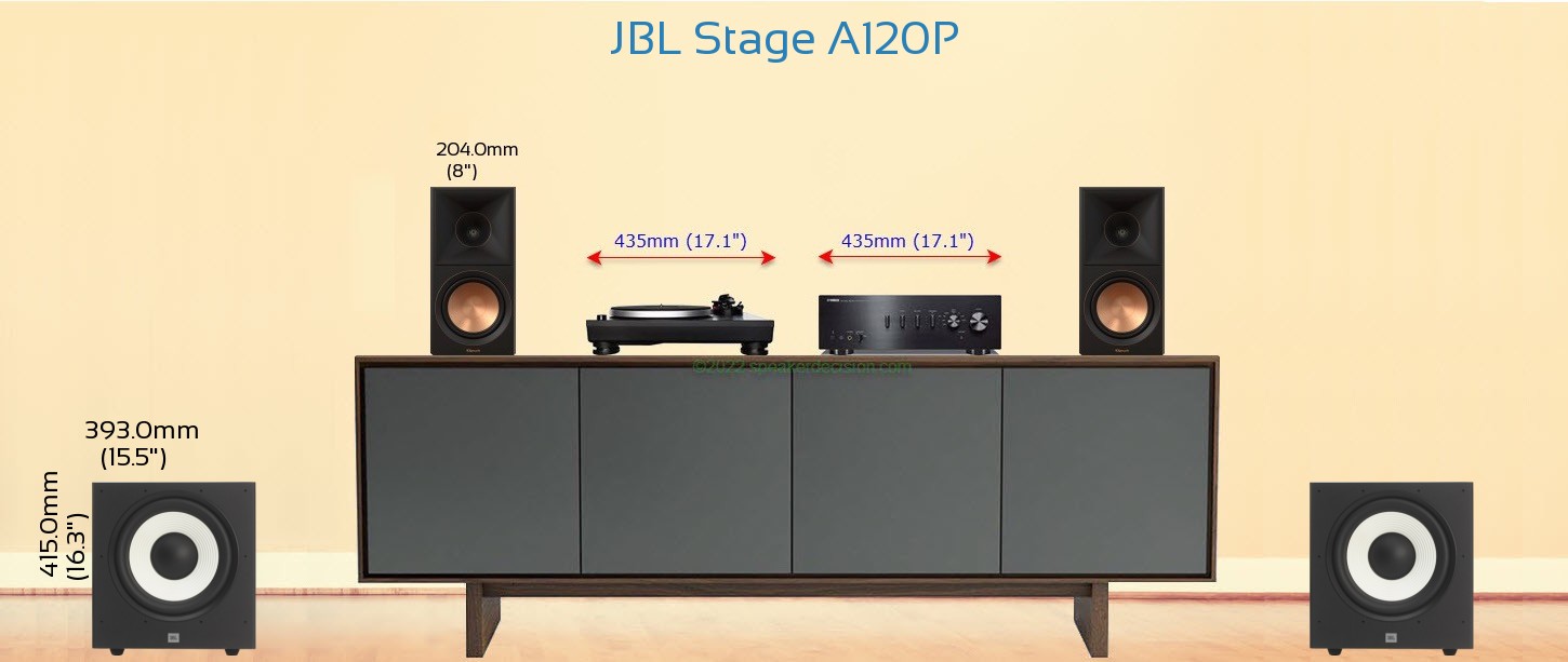 JBL Stage A120P placed next to a Media Stand