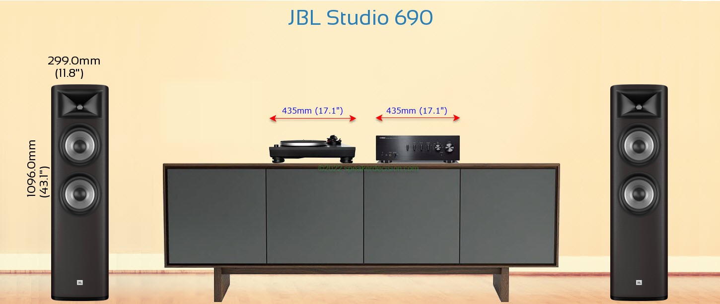 JBL Studio 690 placed next to a Media Stand