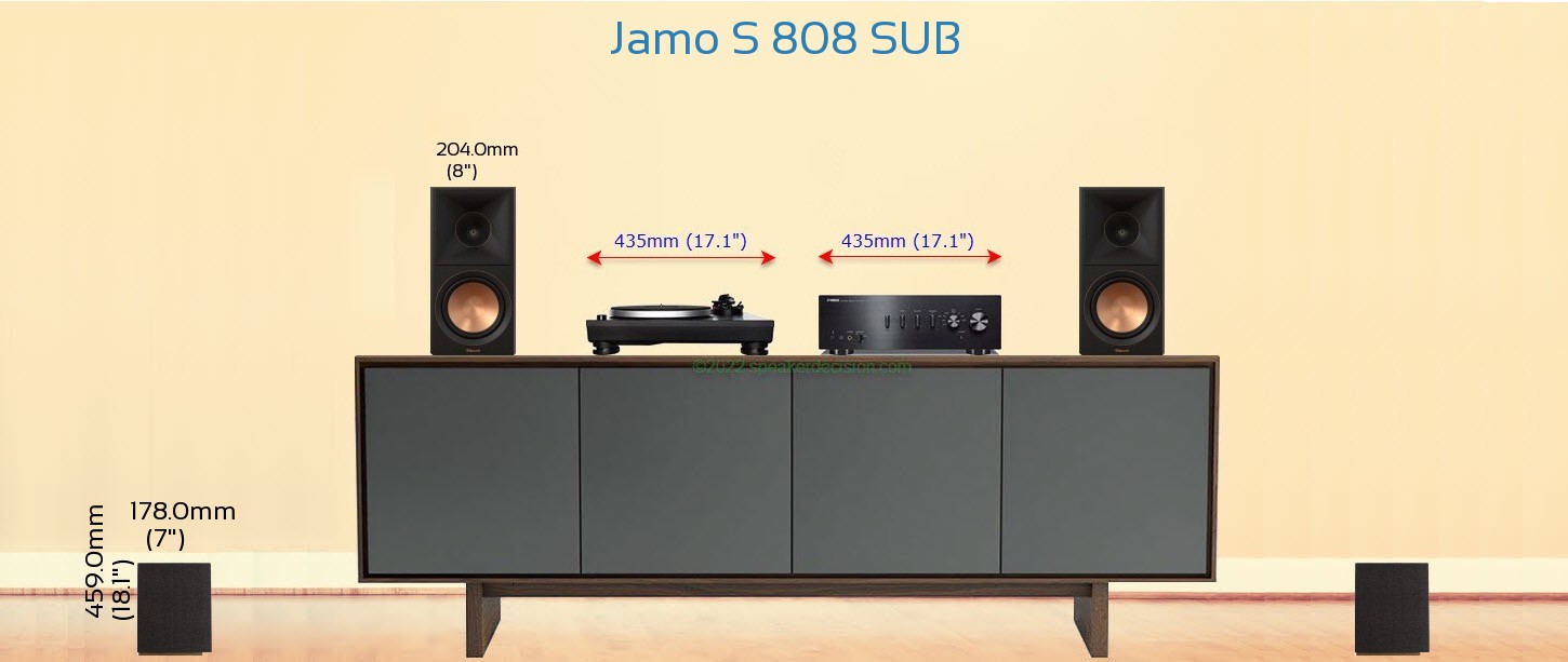 Jamo S 808 SUB placed next to a Media Stand