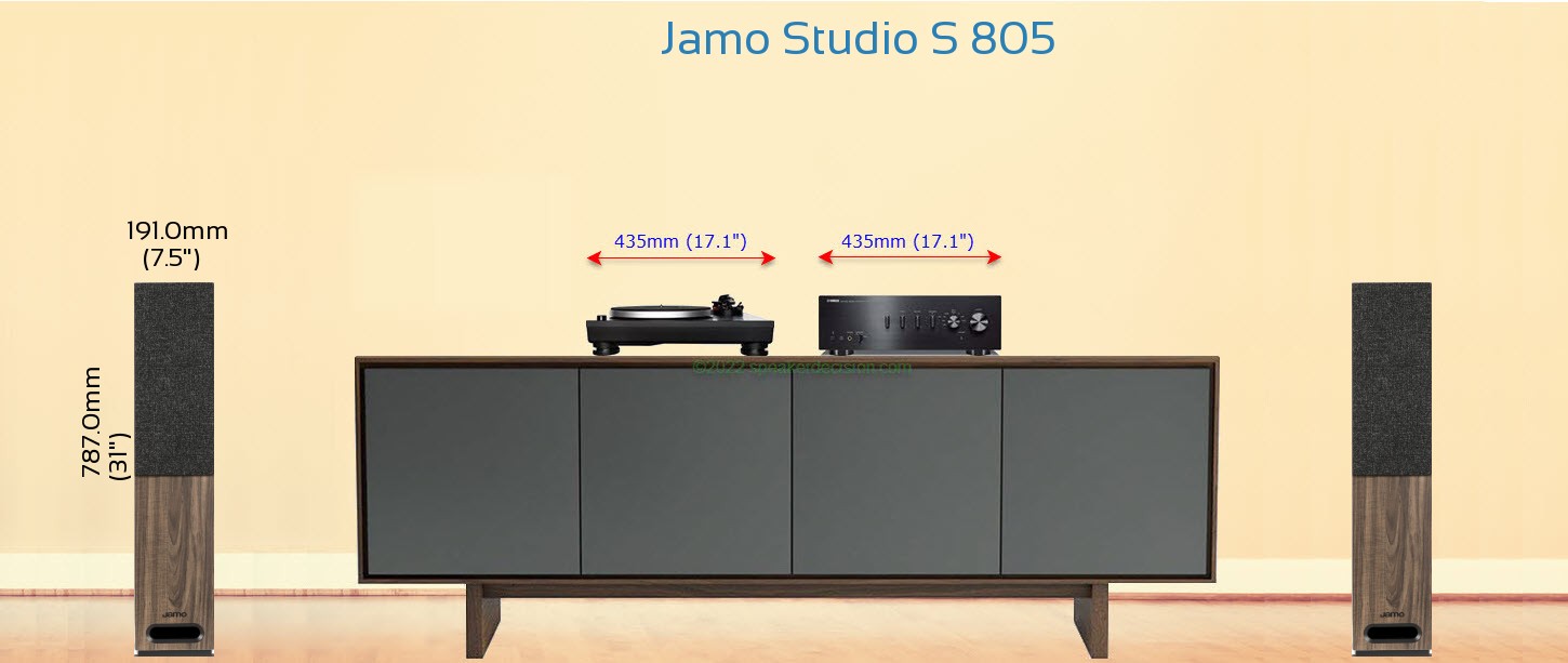 Jamo S 805 placed next to a Media Stand