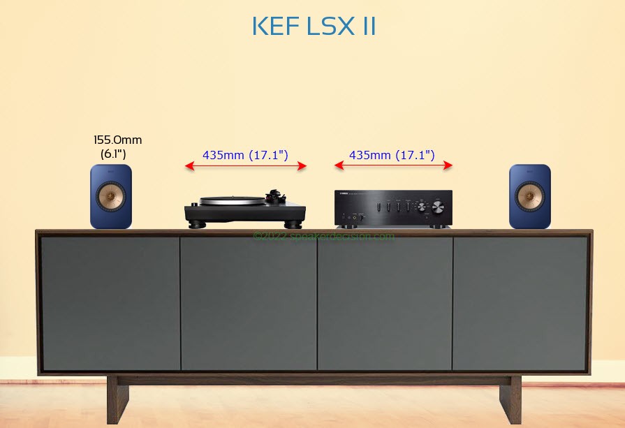KEF LSX II placed next to an amplifier and turntable