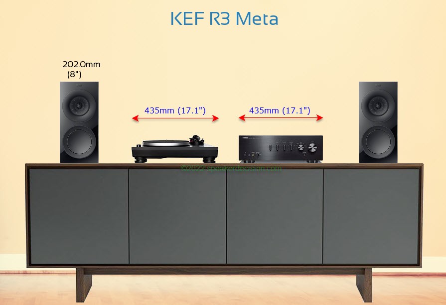 KEF R3 Meta placed next to an amplifier and turntable