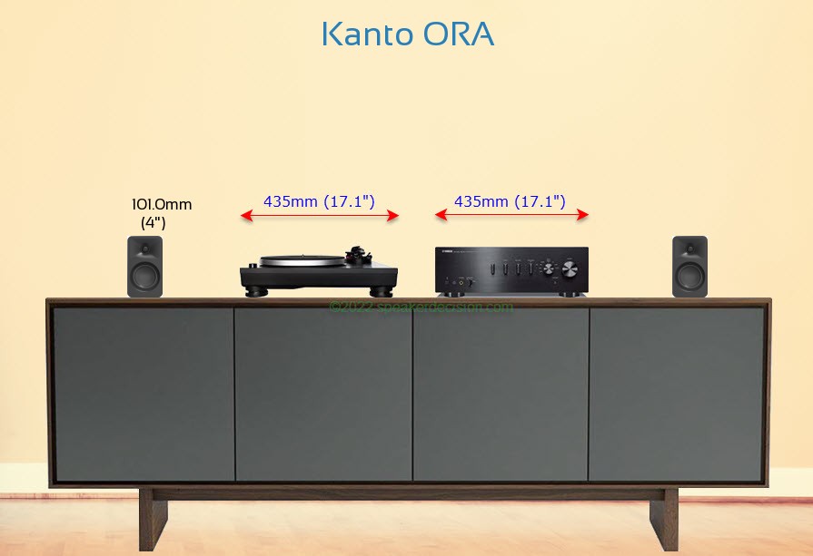 Kanto ORA placed next to an amplifier and turntable