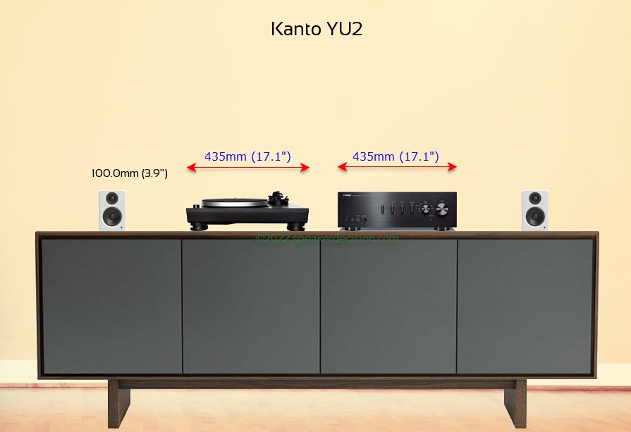 Kanto YU2 placed next to an amplifier and turntable