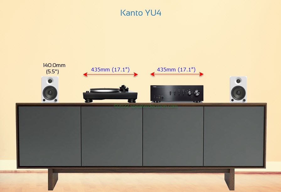 Kanto YU4 placed next to an amplifier and turntable