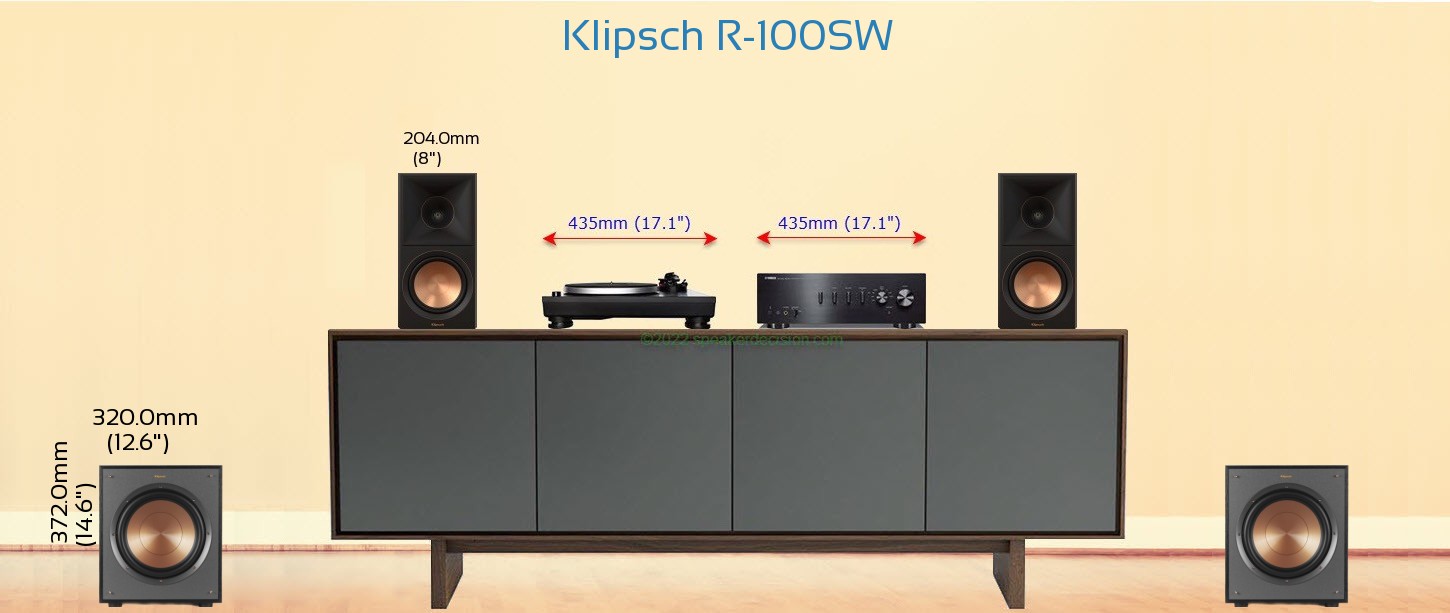 Klipsch R-100SW placed next to a Media Stand