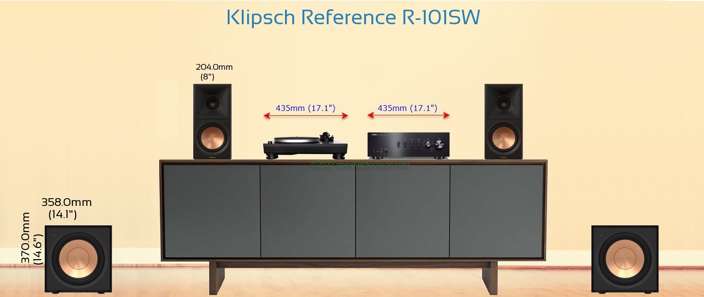 Klipsch R-101SW placed next to a Media Stand