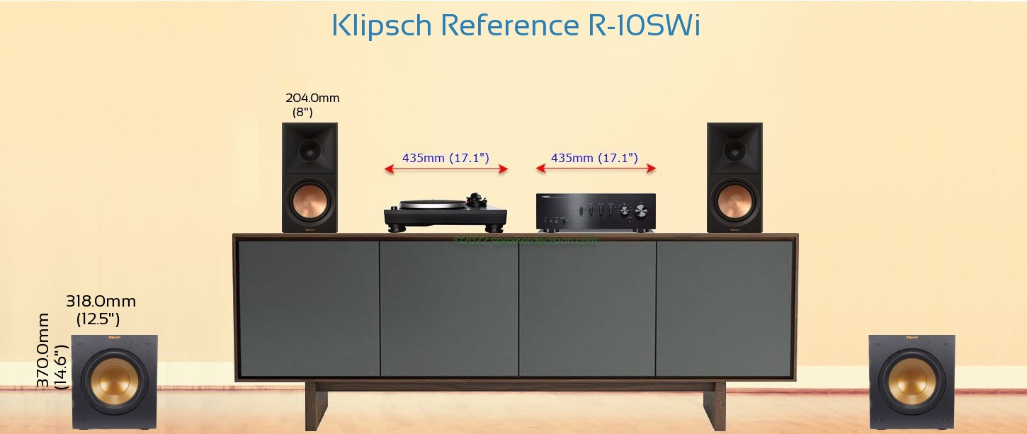 Klipsch R-10SWi placed next to a Media Stand