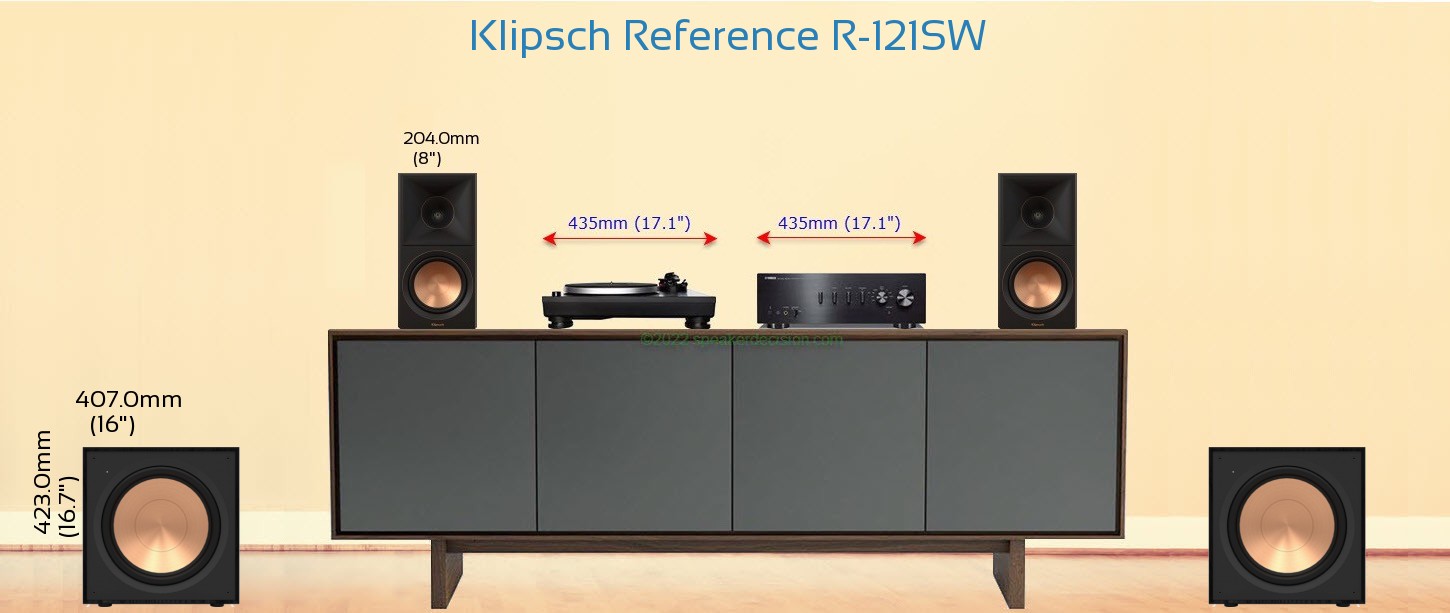 Klipsch R-121SW placed next to a Media Stand