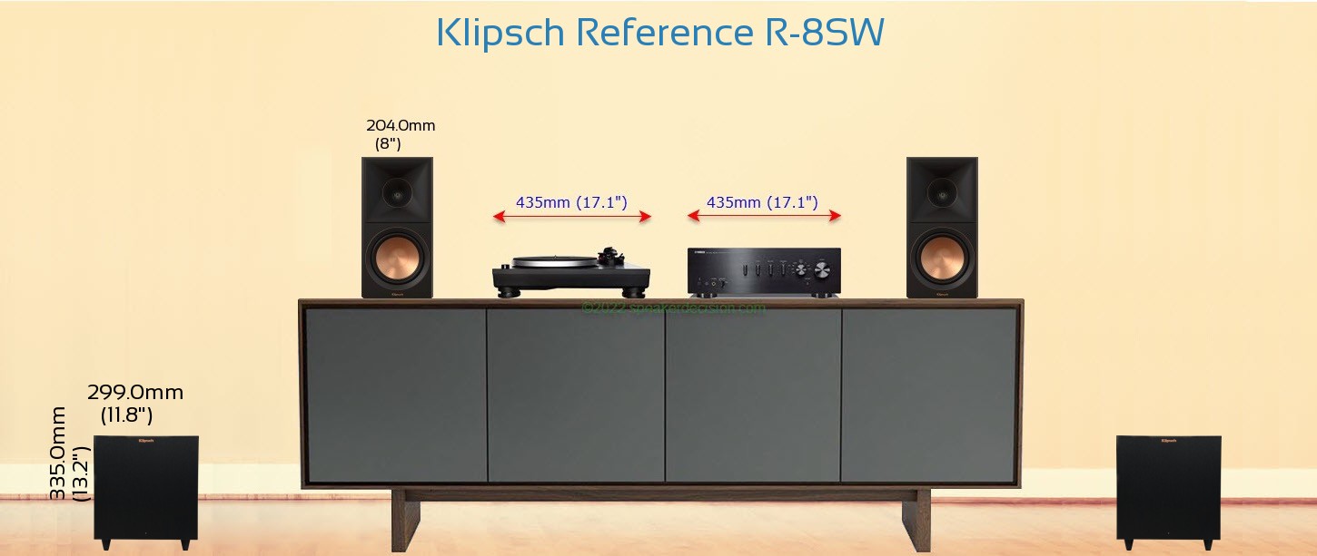 Klipsch R-8SW placed next to a Media Stand