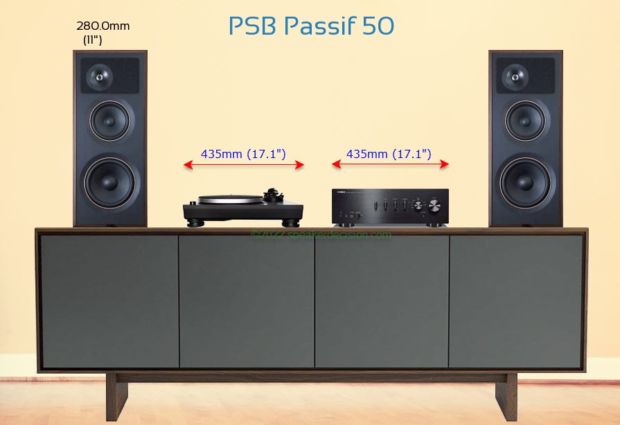 PSB Passif 50 placed next to an amplifier and turntable