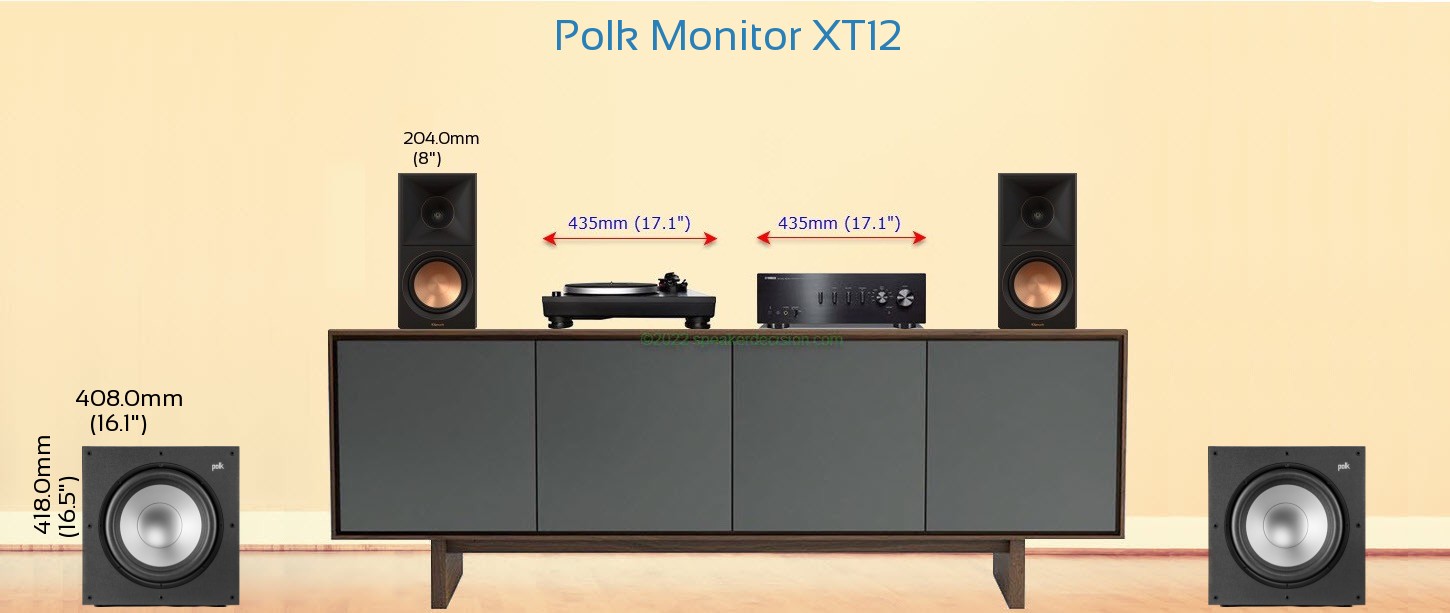 Polk Monitor XT12 placed next to a Media Stand