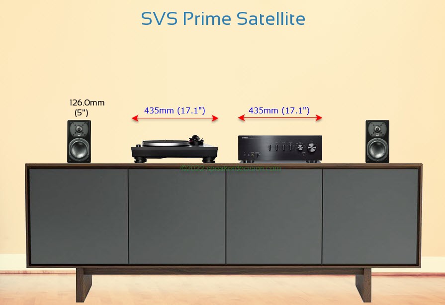 SVS Prime Satellite placed next to an amplifier and turntable