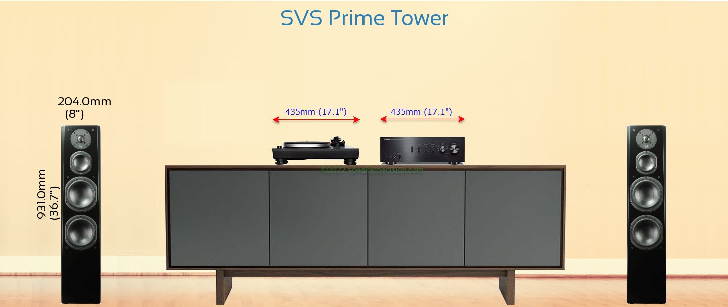 SVS Prime Tower placed next to a Media Stand