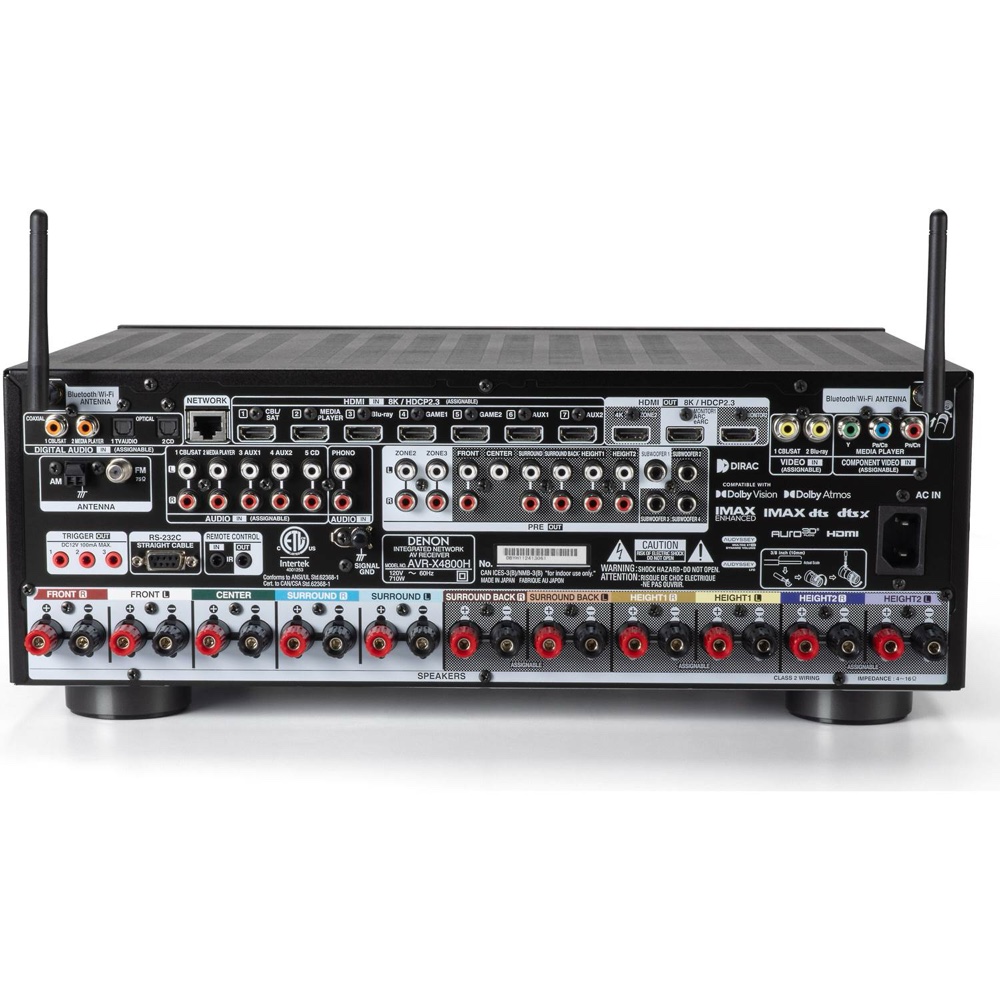 Rear of the Denon AVR-X4800H, 2,799 dollars, with its 11.4 preamp outputs and four independent subwoofer outputs