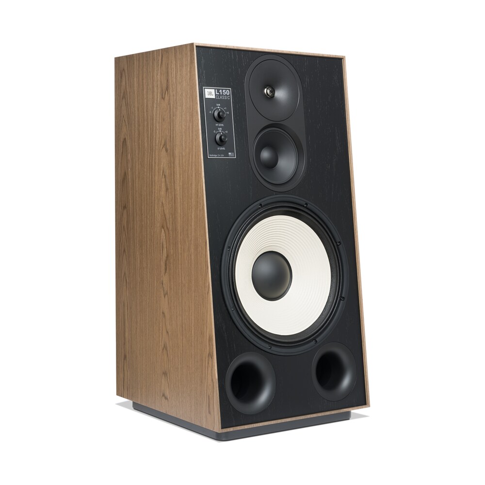 JBL L150 Classic with the grille off, showing the sloped front baffle and the two front ports