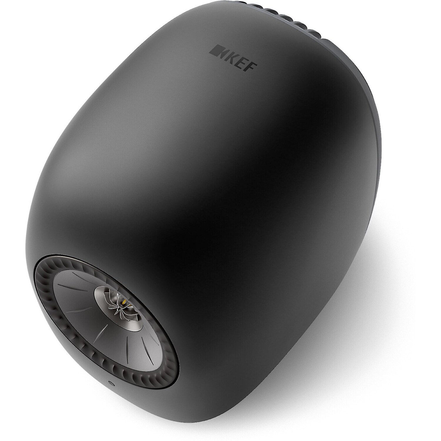 KEF LS LUXE in black, showing the 12th generation Uni-Q driver on the front of the curved cabinet