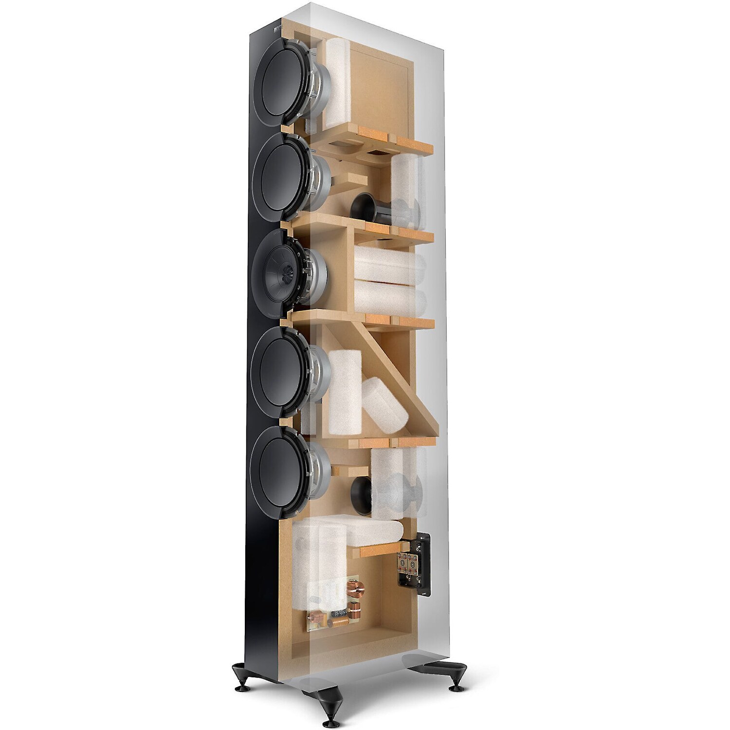 KEF R11 Meta cutaway showing the Uni-Q driver in the middle of the cabinet with four bass drivers around it