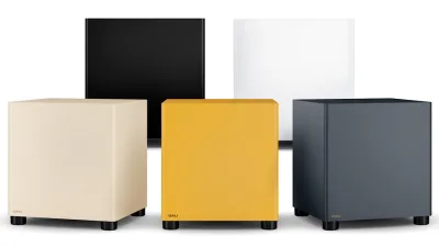 DALI BASIK SUB in all five finishes, Solid Black, Solid White, Caramel White, Golden Yellow and Chilly Blue