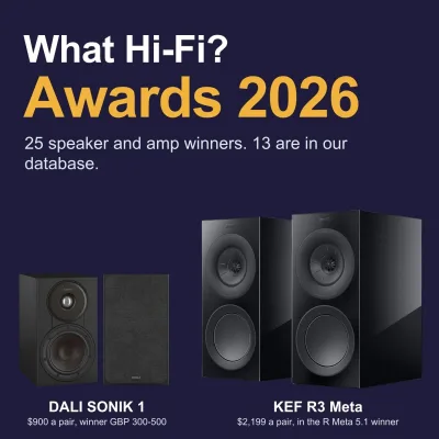 DALI SONIK 1 and KEF R3 Meta, two of the What Hi-Fi Awards 2026 standmount winners, drawn to the same scale