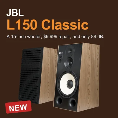 JBL L150 Classic pair in walnut, one with its Quadrex foam grille: a 15-inch three-way at 9,999 dollars a pair