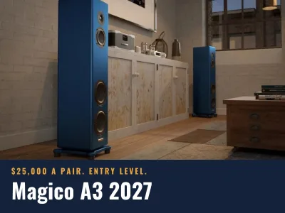 Magico A3 2027 floor-standing speakers in the Blue finish in a living room