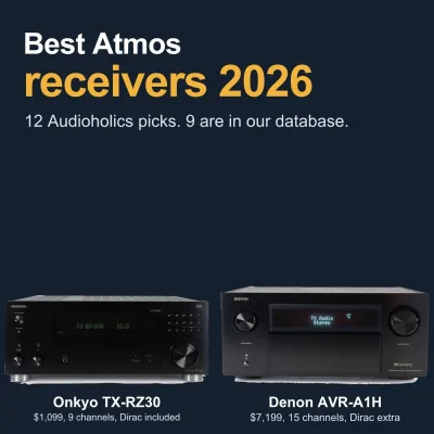 Onkyo TX-RZ30 and Denon AVR-A1H, the cheapest and the dearest of the Audioholics 2026 Atmos receiver picks we hold, drawn to the same scale