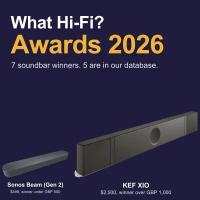 Sonos Beam (Gen 2) and KEF XIO, the cheapest and the dearest What Hi-Fi Awards 2026 soundbar winners, drawn to the same scale