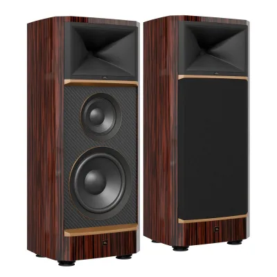 The JBL Summit Makalu in ebony veneer with gold accents, grille off and grille on