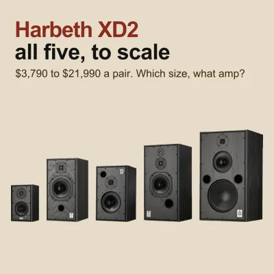 The five Harbeth XD2 speakers drawn to scale from P3ESR to M40.5